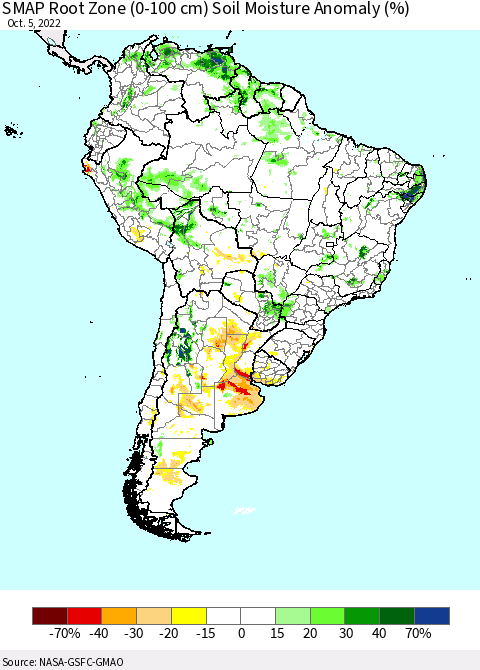 South America SMAP Root Zone (0-100 cm) Soil Moisture Anomaly (%) Thematic Map For 10/1/2022 - 10/5/2022