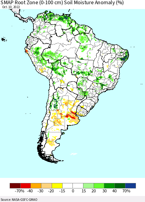 South America SMAP Root Zone (0-100 cm) Soil Moisture Anomaly (%) Thematic Map For 10/6/2022 - 10/10/2022