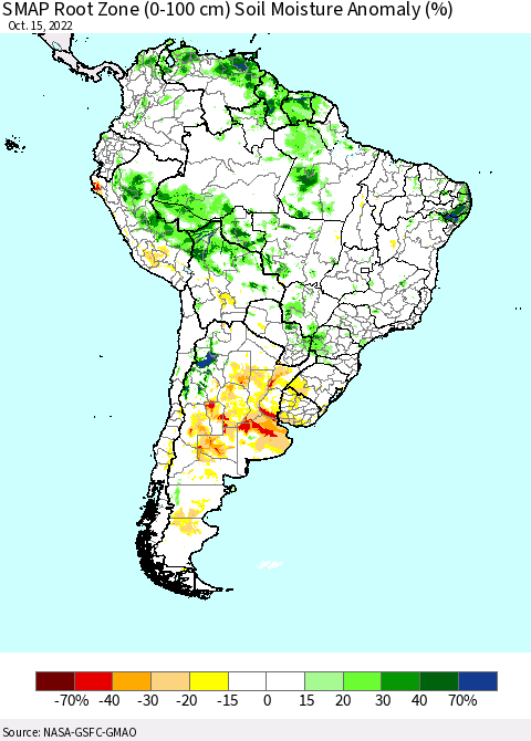 South America SMAP Root Zone (0-100 cm) Soil Moisture Anomaly (%) Thematic Map For 10/11/2022 - 10/15/2022