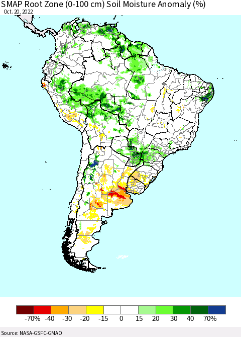 South America SMAP Root Zone (0-100 cm) Soil Moisture Anomaly (%) Thematic Map For 10/16/2022 - 10/20/2022