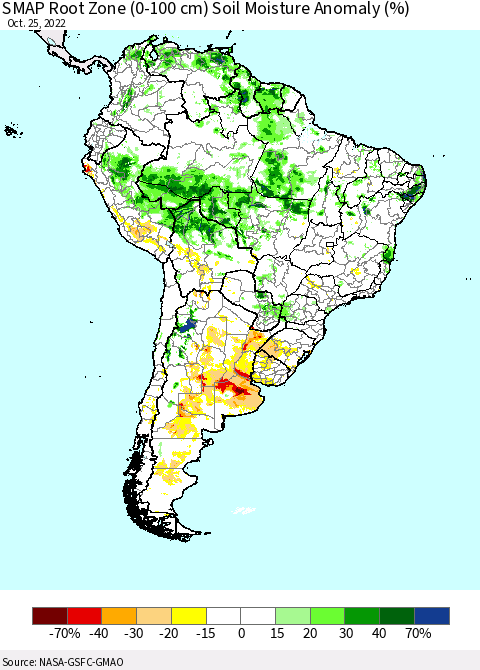 South America SMAP Root Zone (0-100 cm) Soil Moisture Anomaly (%) Thematic Map For 10/21/2022 - 10/25/2022