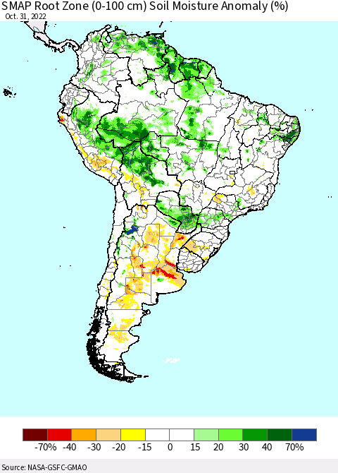 South America SMAP Root Zone (0-100 cm) Soil Moisture Anomaly (%) Thematic Map For 10/26/2022 - 10/31/2022
