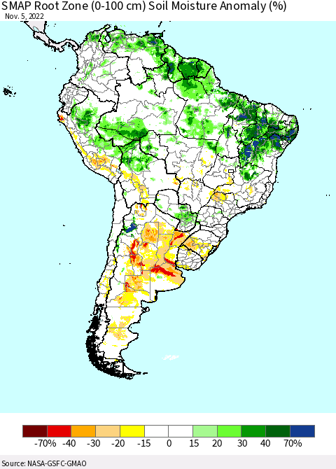 South America SMAP Root Zone (0-100 cm) Soil Moisture Anomaly (%) Thematic Map For 11/1/2022 - 11/5/2022