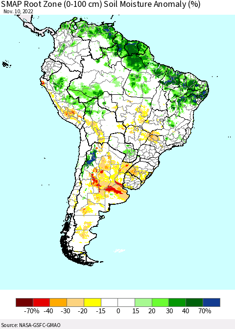 South America SMAP Root Zone (0-100 cm) Soil Moisture Anomaly (%) Thematic Map For 11/6/2022 - 11/10/2022