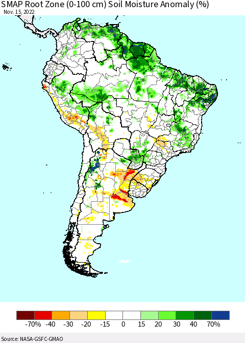 South America SMAP Root Zone (0-100 cm) Soil Moisture Anomaly (%) Thematic Map For 11/11/2022 - 11/15/2022