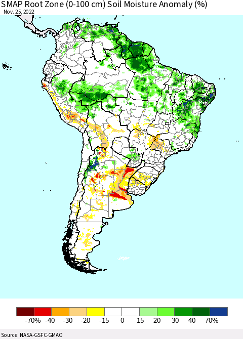 South America SMAP Root Zone (0-100 cm) Soil Moisture Anomaly (%) Thematic Map For 11/21/2022 - 11/25/2022