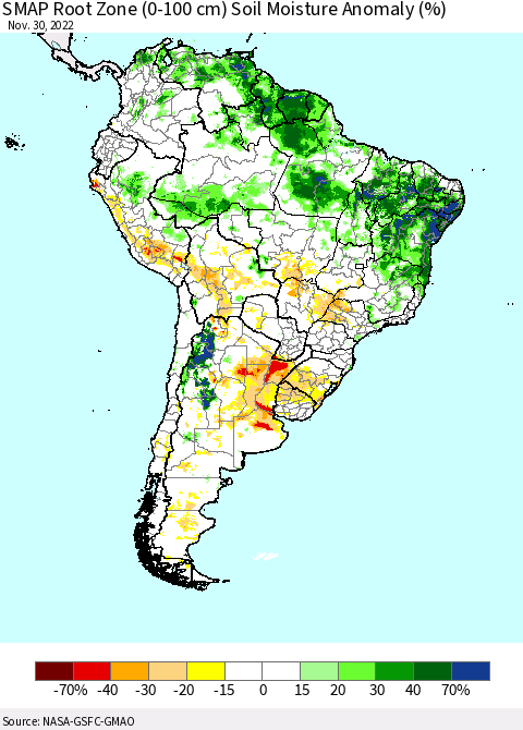 South America SMAP Root Zone (0-100 cm) Soil Moisture Anomaly (%) Thematic Map For 11/26/2022 - 11/30/2022