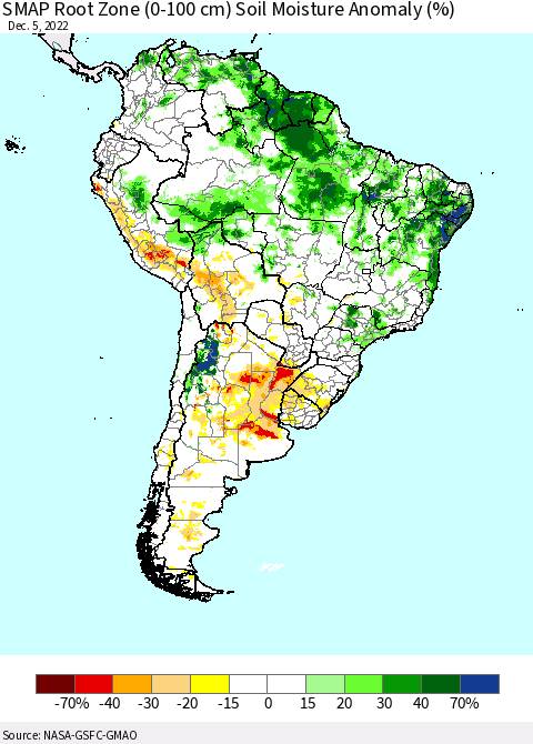 South America SMAP Root Zone (0-100 cm) Soil Moisture Anomaly (%) Thematic Map For 12/1/2022 - 12/5/2022