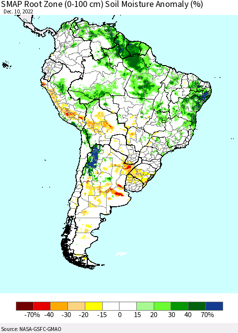 South America SMAP Root Zone (0-100 cm) Soil Moisture Anomaly (%) Thematic Map For 12/6/2022 - 12/10/2022