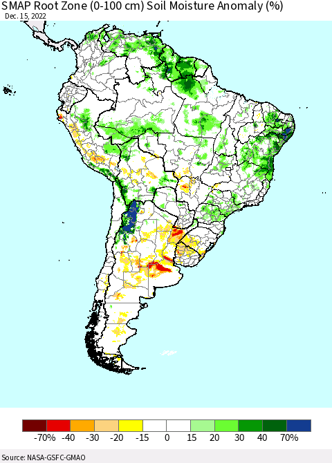 South America SMAP Root Zone (0-100 cm) Soil Moisture Anomaly (%) Thematic Map For 12/11/2022 - 12/15/2022