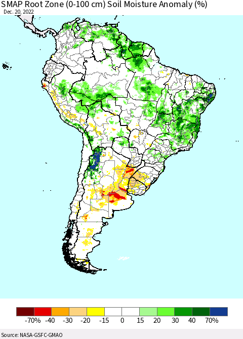 South America SMAP Root Zone (0-100 cm) Soil Moisture Anomaly (%) Thematic Map For 12/16/2022 - 12/20/2022