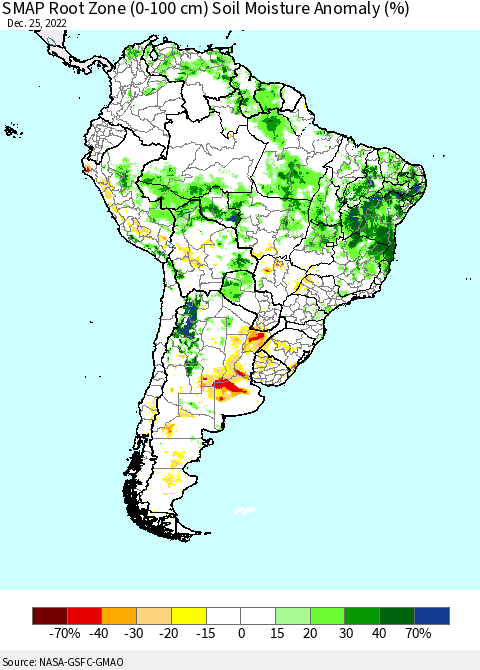 South America SMAP Root Zone (0-100 cm) Soil Moisture Anomaly (%) Thematic Map For 12/21/2022 - 12/25/2022