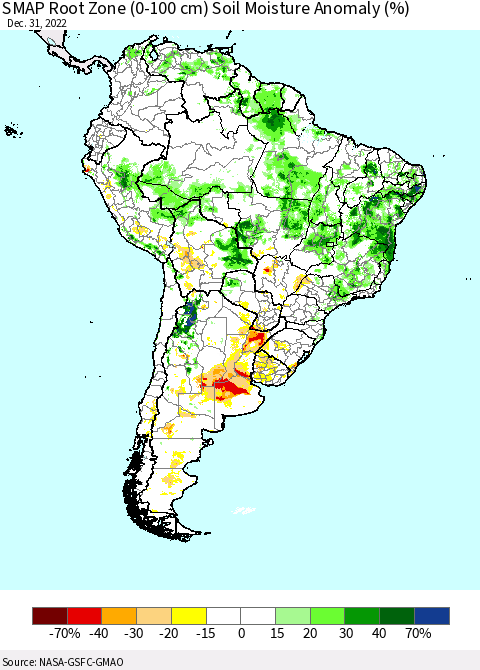 South America SMAP Root Zone (0-100 cm) Soil Moisture Anomaly (%) Thematic Map For 12/26/2022 - 12/31/2022