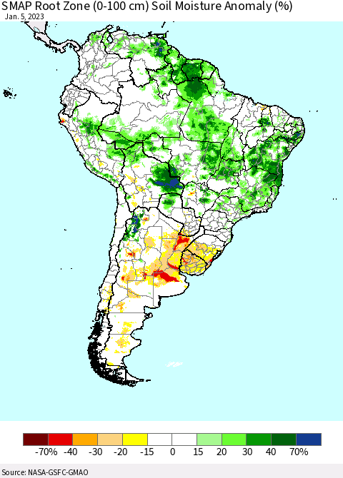South America SMAP Root Zone (0-100 cm) Soil Moisture Anomaly (%) Thematic Map For 1/1/2023 - 1/5/2023