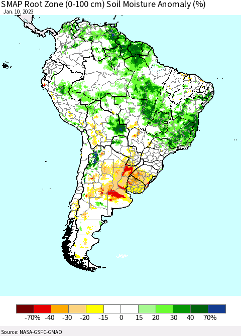 South America SMAP Root Zone (0-100 cm) Soil Moisture Anomaly (%) Thematic Map For 1/6/2023 - 1/10/2023