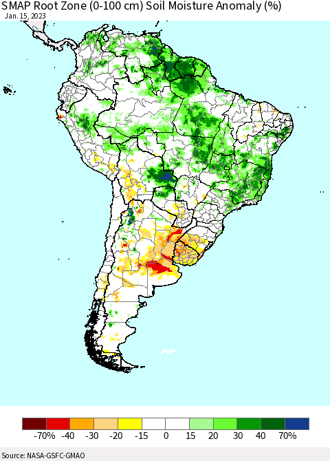 South America SMAP Root Zone (0-100 cm) Soil Moisture Anomaly (%) Thematic Map For 1/11/2023 - 1/15/2023