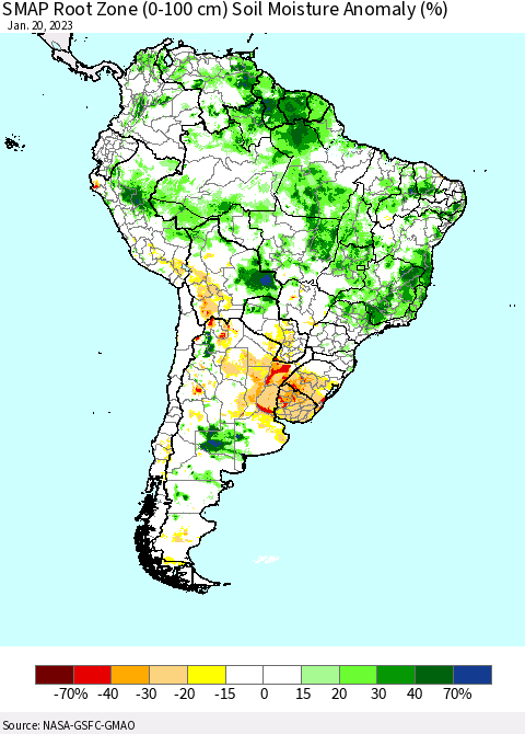 South America SMAP Root Zone (0-100 cm) Soil Moisture Anomaly (%) Thematic Map For 1/16/2023 - 1/20/2023