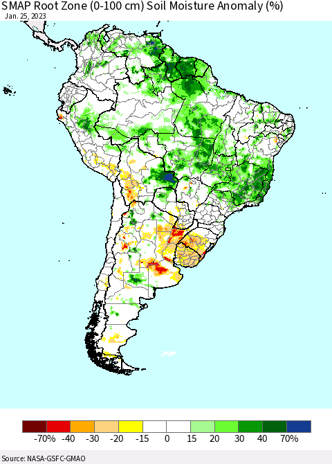 South America SMAP Root Zone (0-100 cm) Soil Moisture Anomaly (%) Thematic Map For 1/21/2023 - 1/25/2023