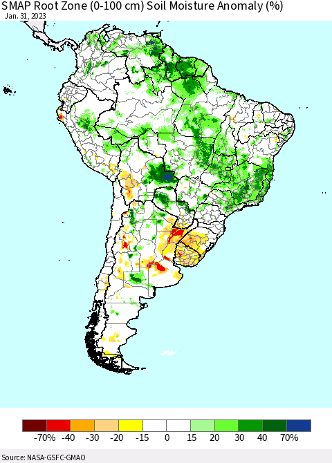 South America SMAP Root Zone (0-100 cm) Soil Moisture Anomaly (%) Thematic Map For 1/26/2023 - 1/31/2023