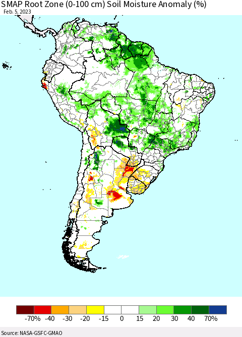 South America SMAP Root Zone (0-100 cm) Soil Moisture Anomaly (%) Thematic Map For 2/1/2023 - 2/5/2023