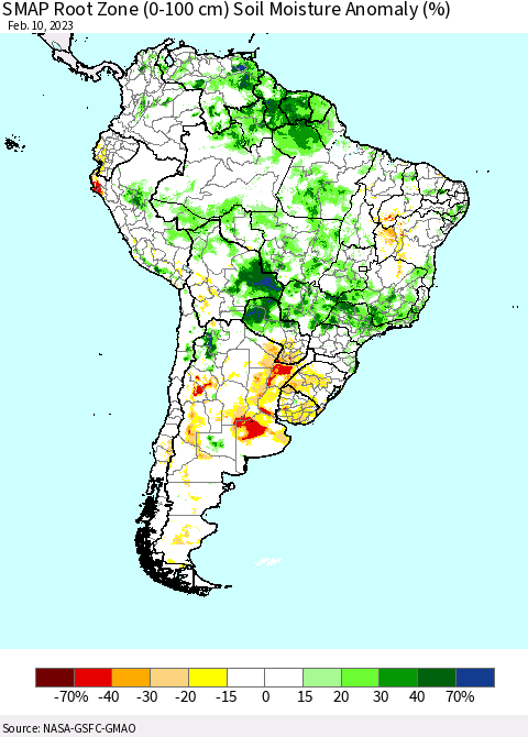 South America SMAP Root Zone (0-100 cm) Soil Moisture Anomaly (%) Thematic Map For 2/6/2023 - 2/10/2023