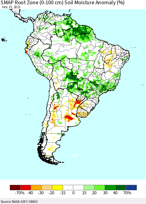 South America SMAP Root Zone (0-100 cm) Soil Moisture Anomaly (%) Thematic Map For 2/11/2023 - 2/15/2023