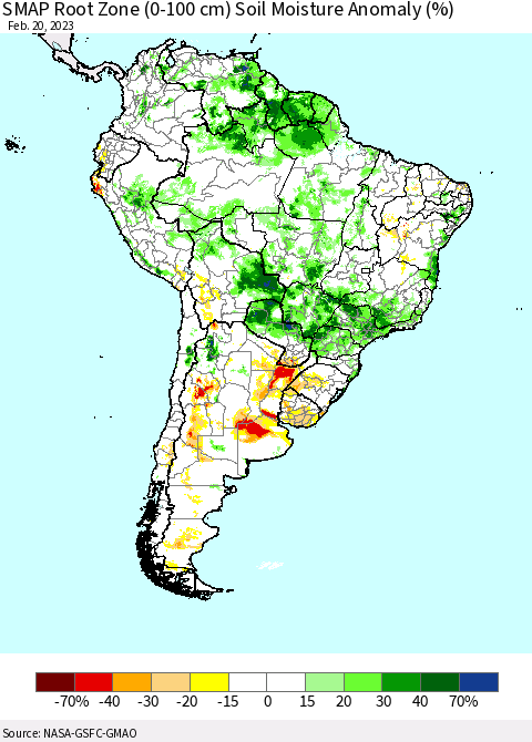 South America SMAP Root Zone (0-100 cm) Soil Moisture Anomaly (%) Thematic Map For 2/16/2023 - 2/20/2023