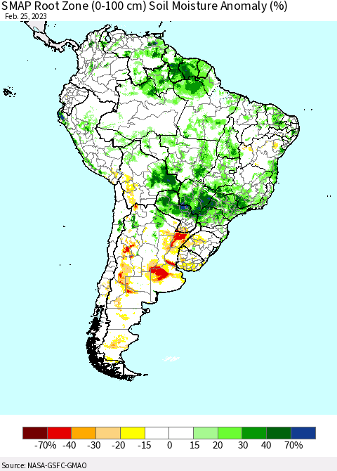 South America SMAP Root Zone (0-100 cm) Soil Moisture Anomaly (%) Thematic Map For 2/21/2023 - 2/25/2023