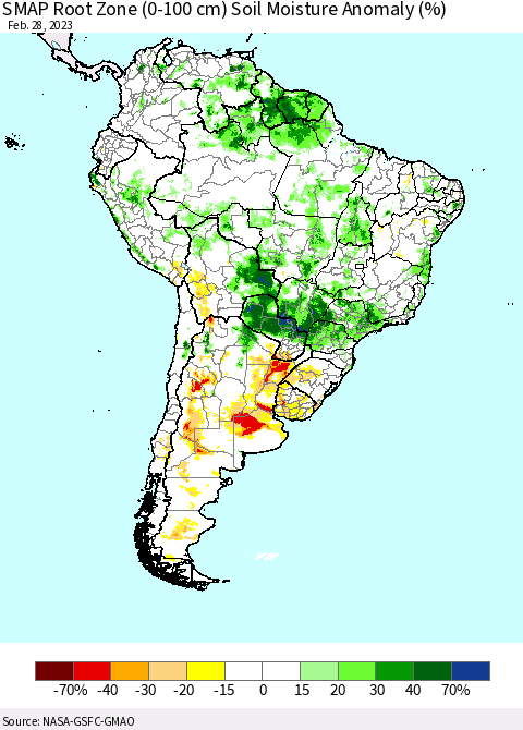 South America SMAP Root Zone (0-100 cm) Soil Moisture Anomaly (%) Thematic Map For 2/26/2023 - 2/28/2023