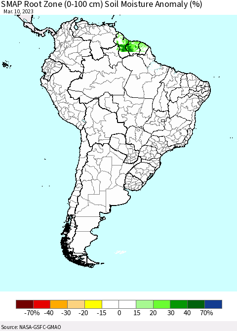 South America SMAP Root Zone (0-100 cm) Soil Moisture Anomaly (%) Thematic Map For 3/6/2023 - 3/10/2023