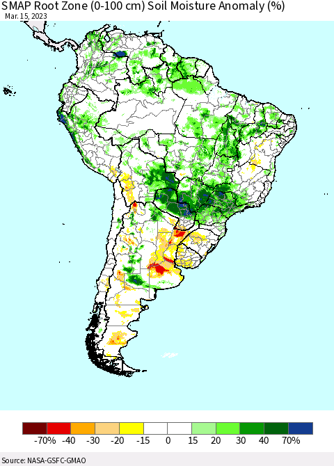 South America SMAP Root Zone (0-100 cm) Soil Moisture Anomaly (%) Thematic Map For 3/11/2023 - 3/15/2023