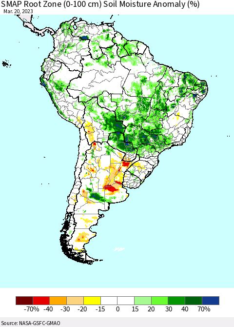 South America SMAP Root Zone (0-100 cm) Soil Moisture Anomaly (%) Thematic Map For 3/16/2023 - 3/20/2023