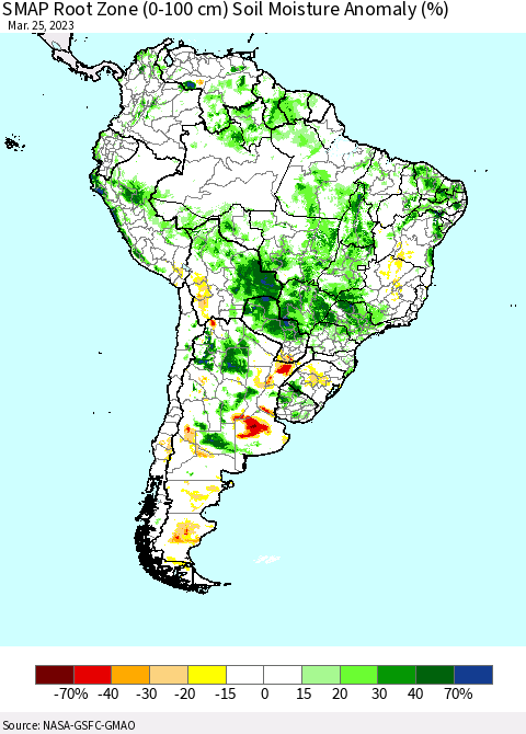 South America SMAP Root Zone (0-100 cm) Soil Moisture Anomaly (%) Thematic Map For 3/21/2023 - 3/25/2023