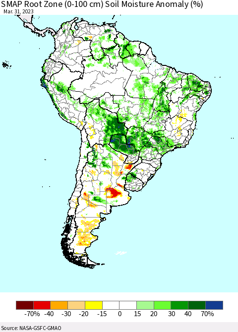 South America SMAP Root Zone (0-100 cm) Soil Moisture Anomaly (%) Thematic Map For 3/26/2023 - 3/31/2023