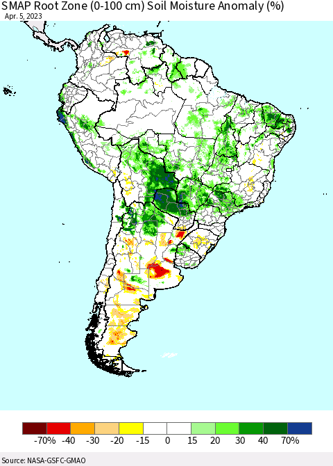 South America SMAP Root Zone (0-100 cm) Soil Moisture Anomaly (%) Thematic Map For 4/1/2023 - 4/5/2023