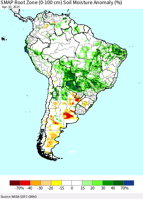 South America SMAP Root Zone (0-100 cm) Soil Moisture Anomaly (%) Thematic Map For 4/6/2023 - 4/10/2023