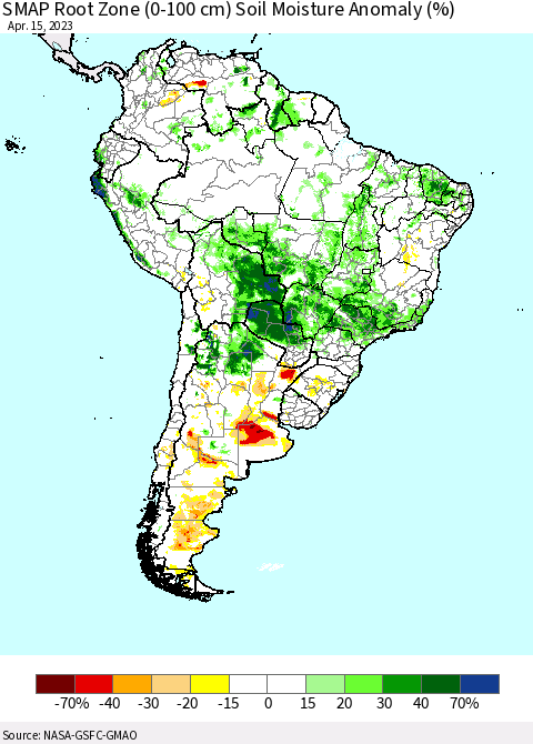 South America SMAP Root Zone (0-100 cm) Soil Moisture Anomaly (%) Thematic Map For 4/11/2023 - 4/15/2023