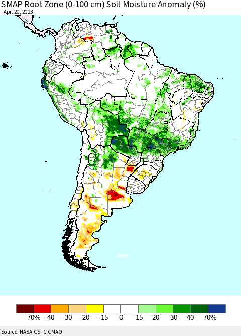 South America SMAP Root Zone (0-100 cm) Soil Moisture Anomaly (%) Thematic Map For 4/16/2023 - 4/20/2023