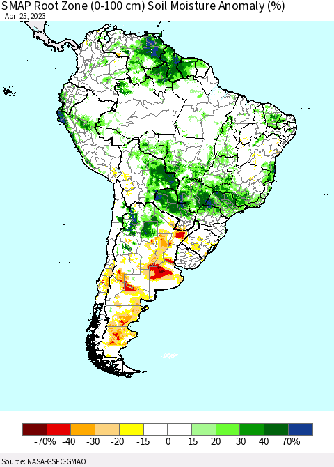 South America SMAP Root Zone (0-100 cm) Soil Moisture Anomaly (%) Thematic Map For 4/21/2023 - 4/25/2023