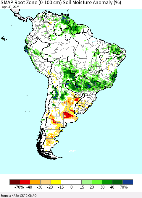 South America SMAP Root Zone (0-100 cm) Soil Moisture Anomaly (%) Thematic Map For 4/26/2023 - 4/30/2023