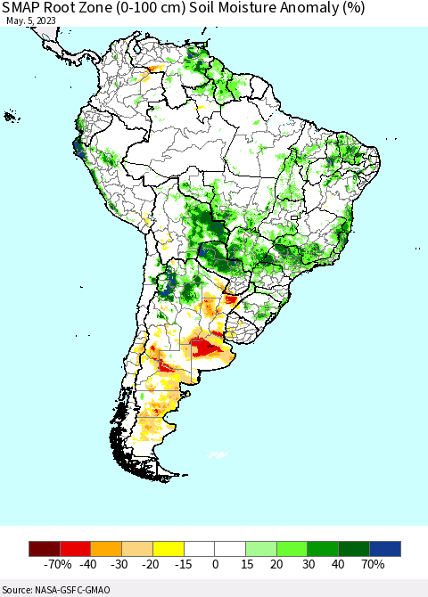 South America SMAP Root Zone (0-100 cm) Soil Moisture Anomaly (%) Thematic Map For 5/1/2023 - 5/5/2023