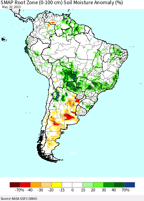 South America SMAP Root Zone (0-100 cm) Soil Moisture Anomaly (%) Thematic Map For 5/6/2023 - 5/10/2023