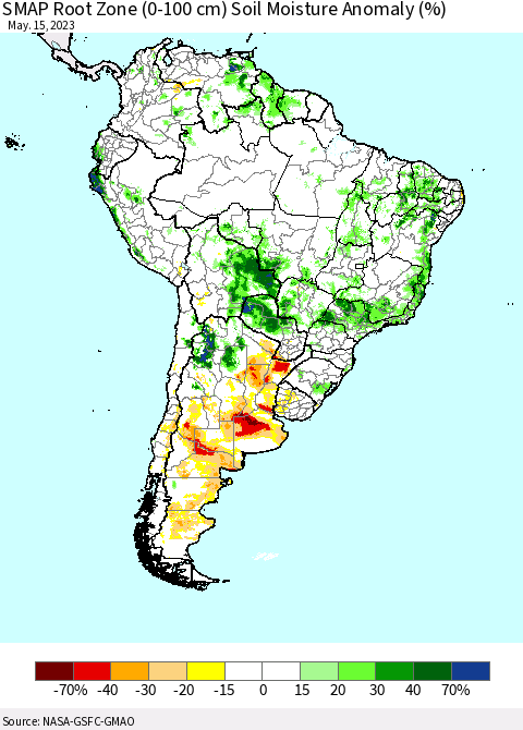South America SMAP Root Zone (0-100 cm) Soil Moisture Anomaly (%) Thematic Map For 5/11/2023 - 5/15/2023
