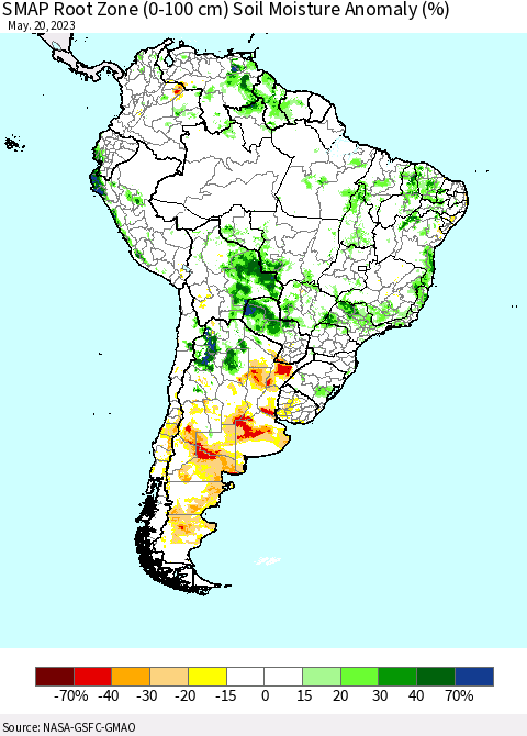 South America SMAP Root Zone (0-100 cm) Soil Moisture Anomaly (%) Thematic Map For 5/16/2023 - 5/20/2023