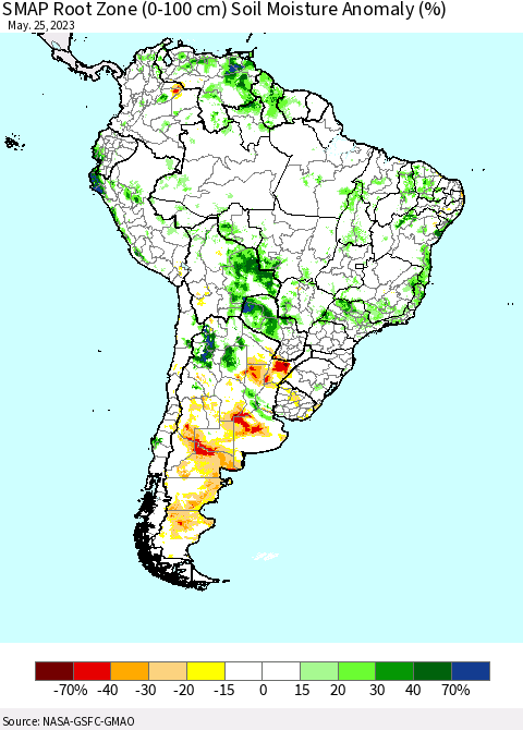 South America SMAP Root Zone (0-100 cm) Soil Moisture Anomaly (%) Thematic Map For 5/21/2023 - 5/25/2023