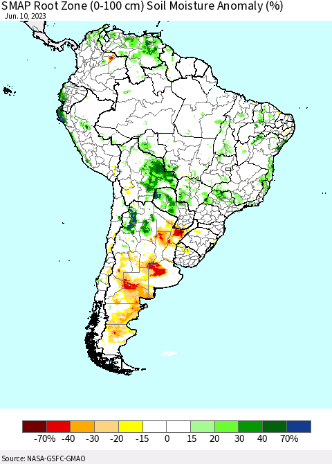 South America SMAP Root Zone (0-100 cm) Soil Moisture Anomaly (%) Thematic Map For 6/6/2023 - 6/10/2023