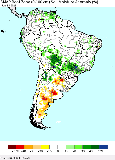 South America SMAP Root Zone (0-100 cm) Soil Moisture Anomaly (%) Thematic Map For 6/11/2023 - 6/15/2023