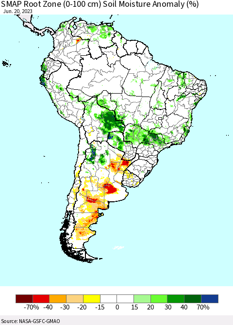 South America SMAP Root Zone (0-100 cm) Soil Moisture Anomaly (%) Thematic Map For 6/16/2023 - 6/20/2023