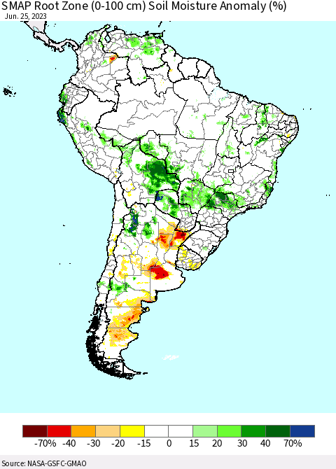 South America SMAP Root Zone (0-100 cm) Soil Moisture Anomaly (%) Thematic Map For 6/21/2023 - 6/25/2023