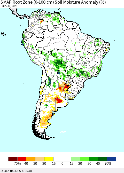 South America SMAP Root Zone (0-100 cm) Soil Moisture Anomaly (%) Thematic Map For 6/26/2023 - 6/30/2023